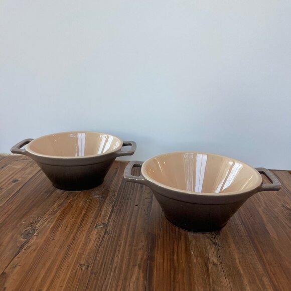 Le Creuset Rare Cassoulet Bowls Stoneware Truffle Dual Handles New HTF Set of 2 - Picture 1 of 16